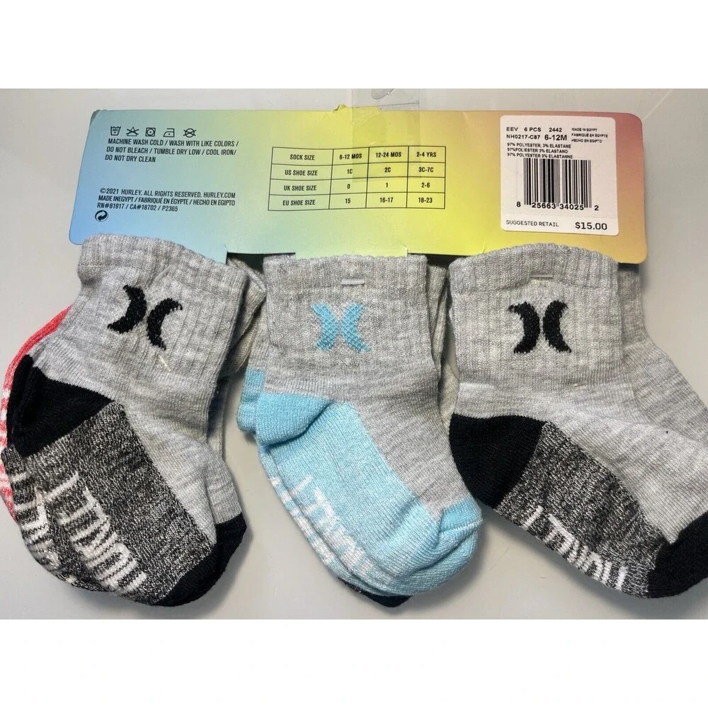 Lot 2 Hurley Baby Socks 6 Pk Multicolor Ankle Cushion Logo Set Sz 6-12 MO New